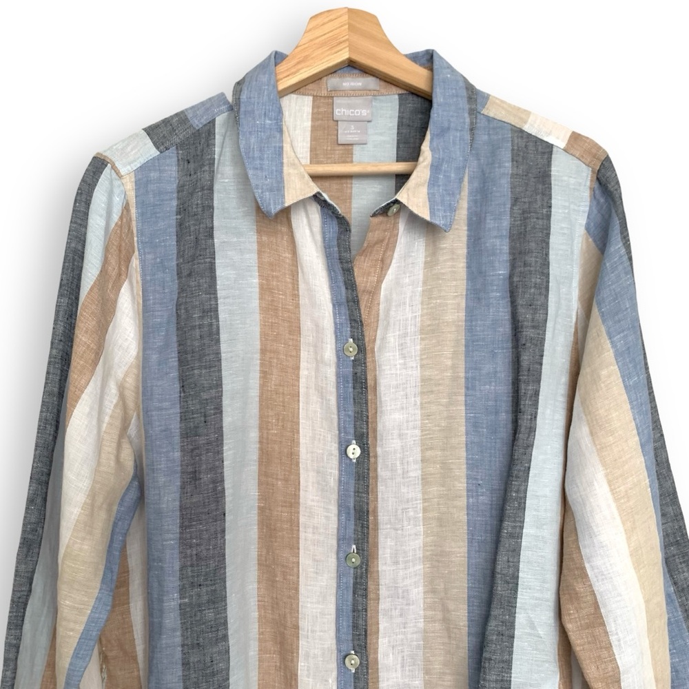 Chicos Linen Shirt Long Sleeve No-Iron Striped Tunic - Picture 2 of 15